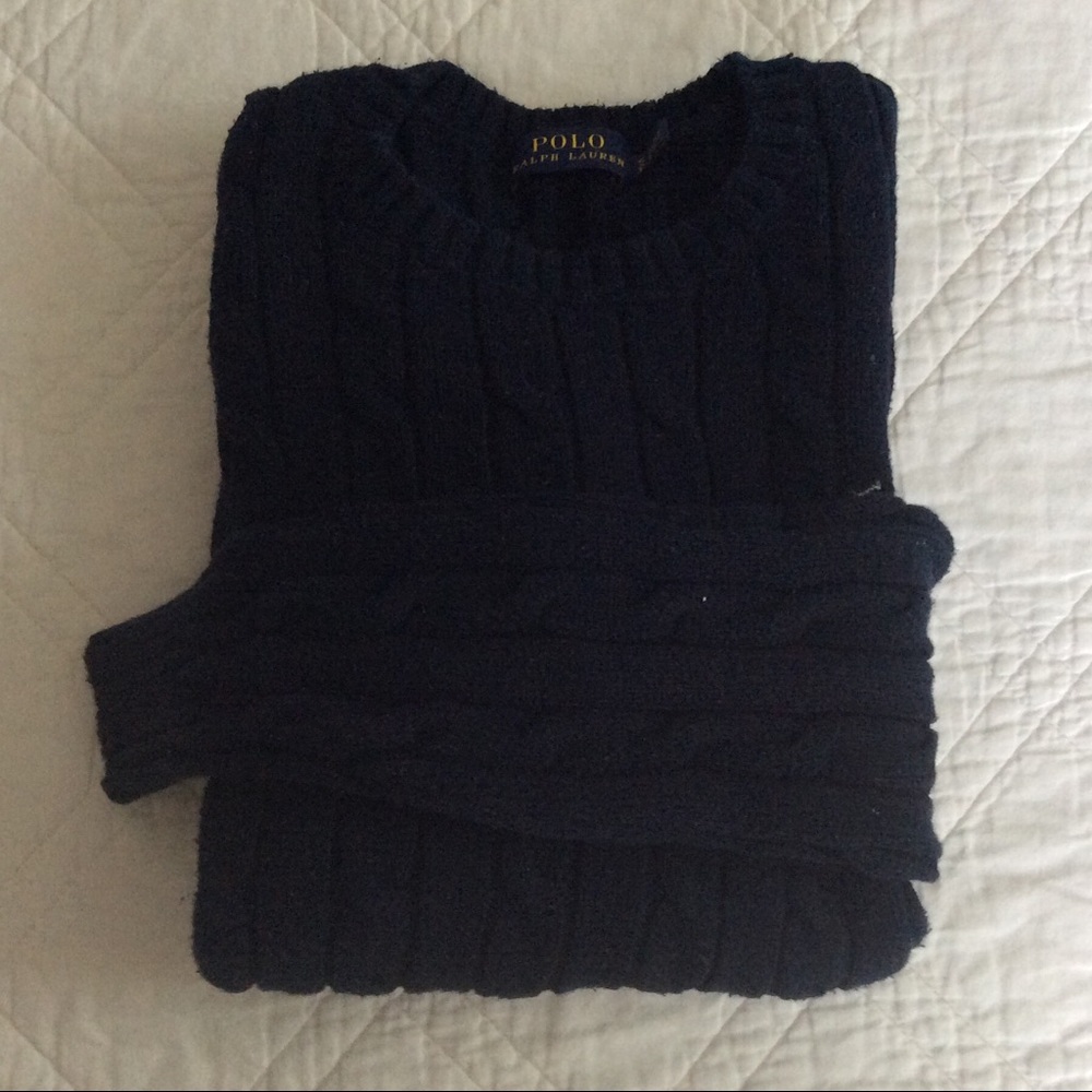 RL || navy cable knit sweater